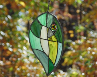 Stained glass Autumn leaf abstract window hanging, large oversize fall leaf