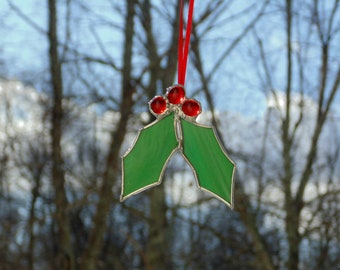 Christmas holly leaves and berries, stained glass suncatcher ornament