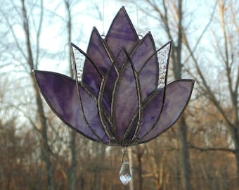 Stained glass purple lotus suncatcher, boho window hanging