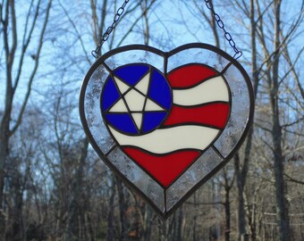 American flag stained glass suncatcher, red white & blue, flag freedom heart