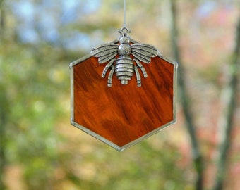 Stained glass bee suncatcher ornament, honey hive, small honeycomb