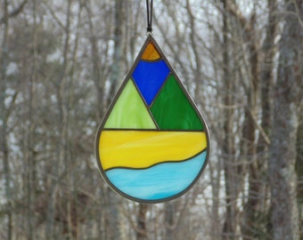 Stained glass abstract mountain and river, landscape suncatcher panel, dewdrop, tear drop shape