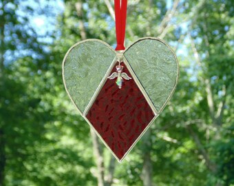 Red heart with angel sympathy gift, stained glass suncatcher, bereavement gift