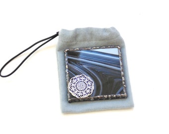 Purse mirror, black swirl stained glass, pocket mirror with gift bag