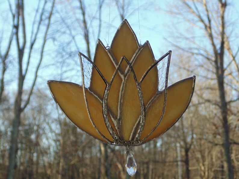 Stained glass lotus flower suncatcher, yellow golden iridescent, 8 petal boho window decoration image 4