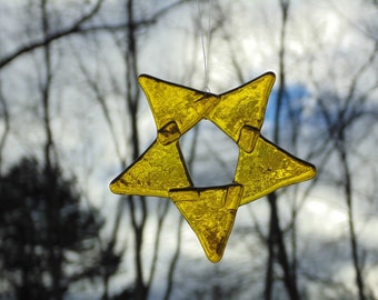 Small fused glass 5 pointed star, suncatcher Christmas ornament, bright yellow