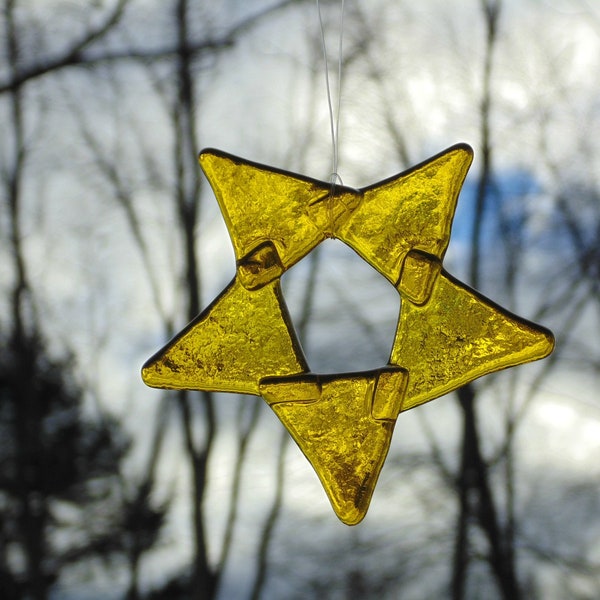 Small fused glass 5 pointed star, suncatcher Christmas ornament, bright yellow