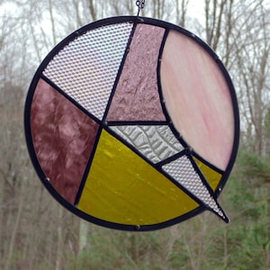 Abstract stained glass suncatcher panel, colorful lightning bolt design with iridescent textured glass