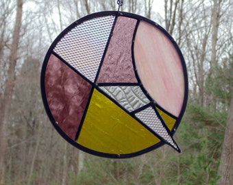 Abstract stained glass suncatcher panel, iridescent textured glass