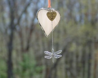 Now she flies with dragonflies, stained glass peach heart suncatcher, sympathy gift