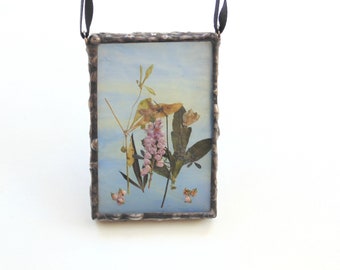 Pressed flower art ornament, framed dried Heather flowers in stained glass