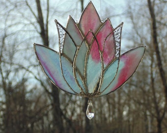 Stained glass lotus suncatcher, blue and berry flower gift