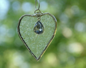 March aquamarine birthstone ornament, stained glass heart suncatcher, birthday ornament gift