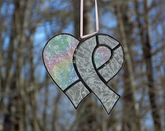 Breast cancer awareness ribbon heart, stained glass suncatcher, support gift