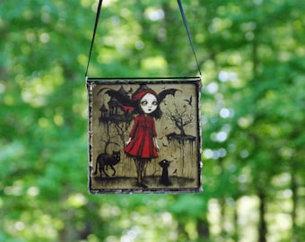 Goth Girl with Black Cats, Layered Photo Art, Whimsical Stained Glass Ornament