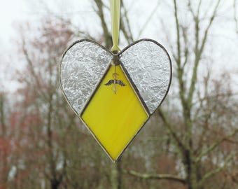 Stained glass yellow heart suncatcher, sympathy angel ornament, condolence gift