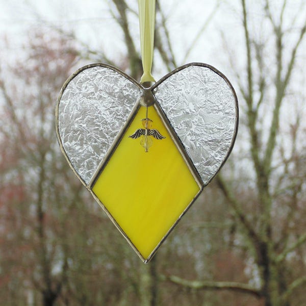 Stained glass yellow heart suncatcher, sympathy angel ornament, condolence gift
