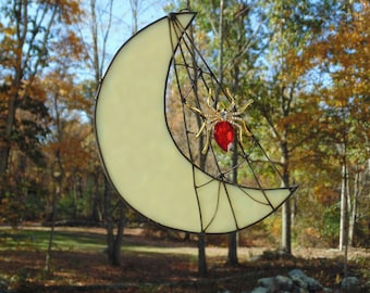 Crescent moon and red spider, stained glass suncatcher, spooky scary art deco Halloween