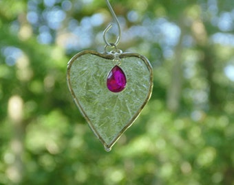 October birthstone pink Tourmaline, stained glass mini heart suncatcher birthday ornament