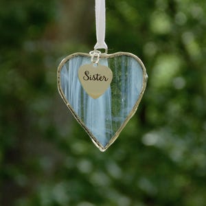 I love my sister, stained glass small wispy white heart suncatcher, or little sister