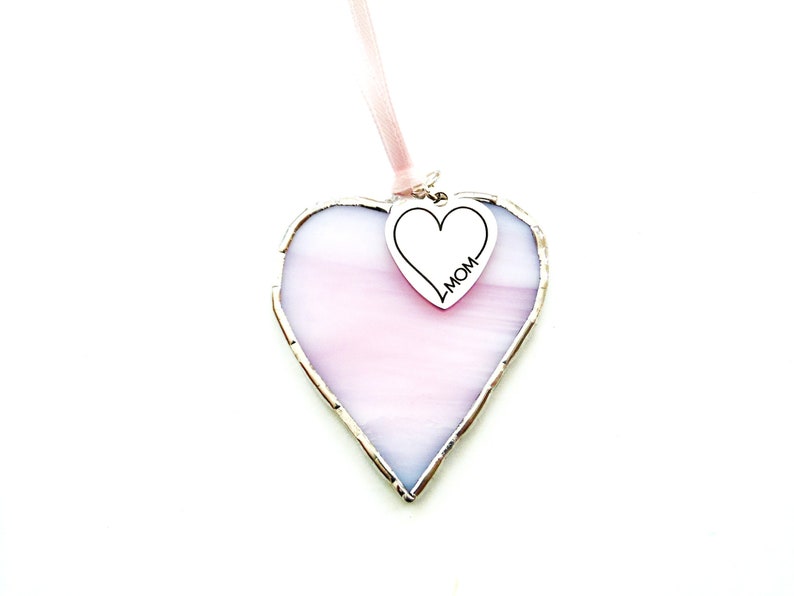 I Love Mom, pink stained glass suncatcher, mini heart ornament, Mom birthday gift image 3