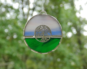 Tree of Life suncatcher ornament, stained glass mini window art