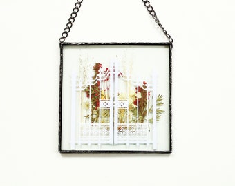 Pressed flower mini garden gate wall art, one of a kind unique stained glass panel