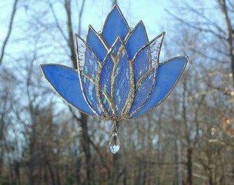 Stained glass lotus flower suncatcher, blue and iridescent, boho window hanging