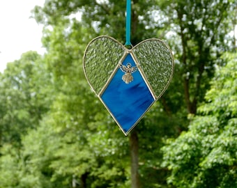 Stained glass turquoise heart suncatcher with silver angel, sympathy gift