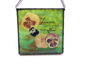 Pressed flower art, Live Laugh Love, Pansies under stained glass