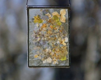 Hydrangea flower art, pressed flowers under glass, everlasting floral gift for her