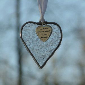 A piece of my heart is in heaven, small stained glass heart suncatcher sympathy ornament