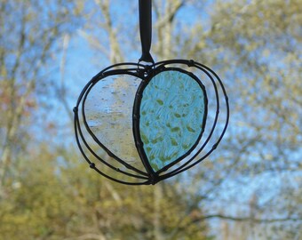 Stained glass heart suncatcher, patina blue, gift for her
