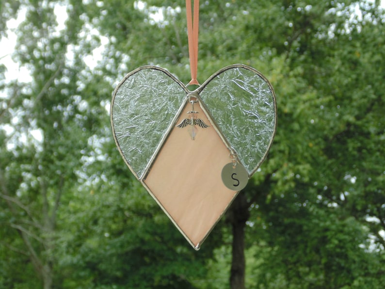Sympathy gift stained glass heart suncatcher with beaded angel Etsy
