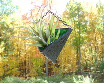 Air plant holder, stained glass terrarium, forest green, hanging wall planter