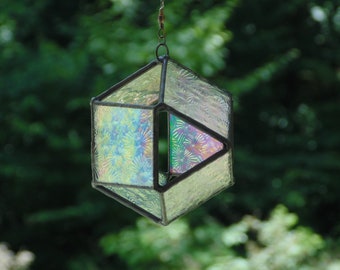 Stained glass orb ball suncatcher, Iridescent textured geometric 3D octahedron