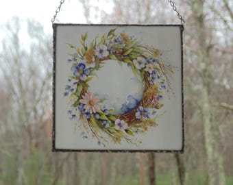 Floral wreath watercolor print with real pressed flowers under stained glass