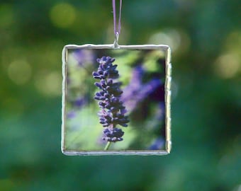 Lavender flower photo ornament, framed in stained glass, mini wall art