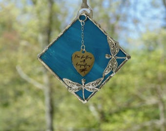 Stained glass dragonfly suncatcher, Now she flies with dragonflies