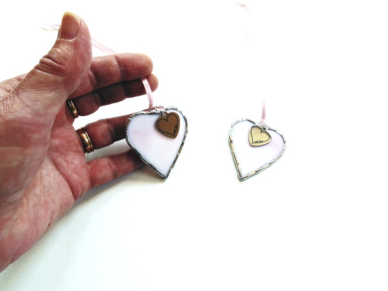 I Love Mom, pink stained glass suncatcher, mini heart ornament, Mom birthday gift image 8
