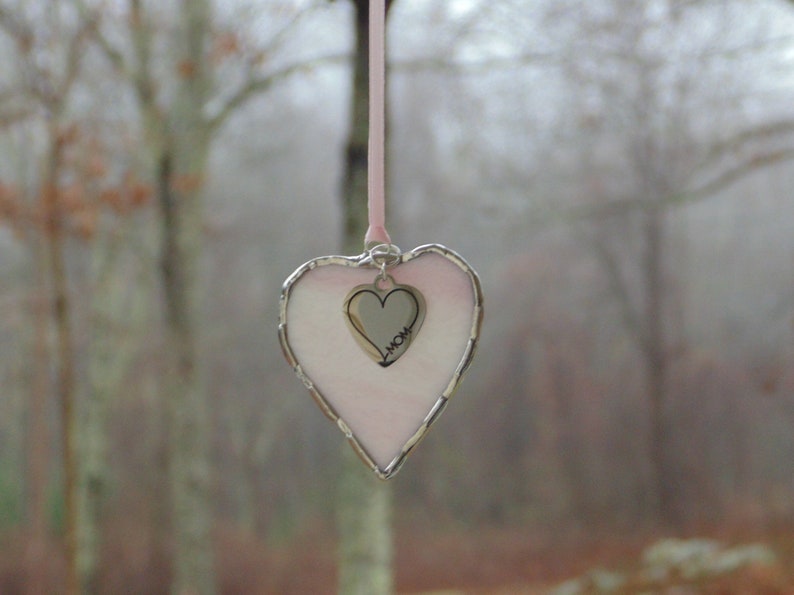 I Love Mom, pink stained glass suncatcher, mini heart ornament, Mom birthday gift image 1