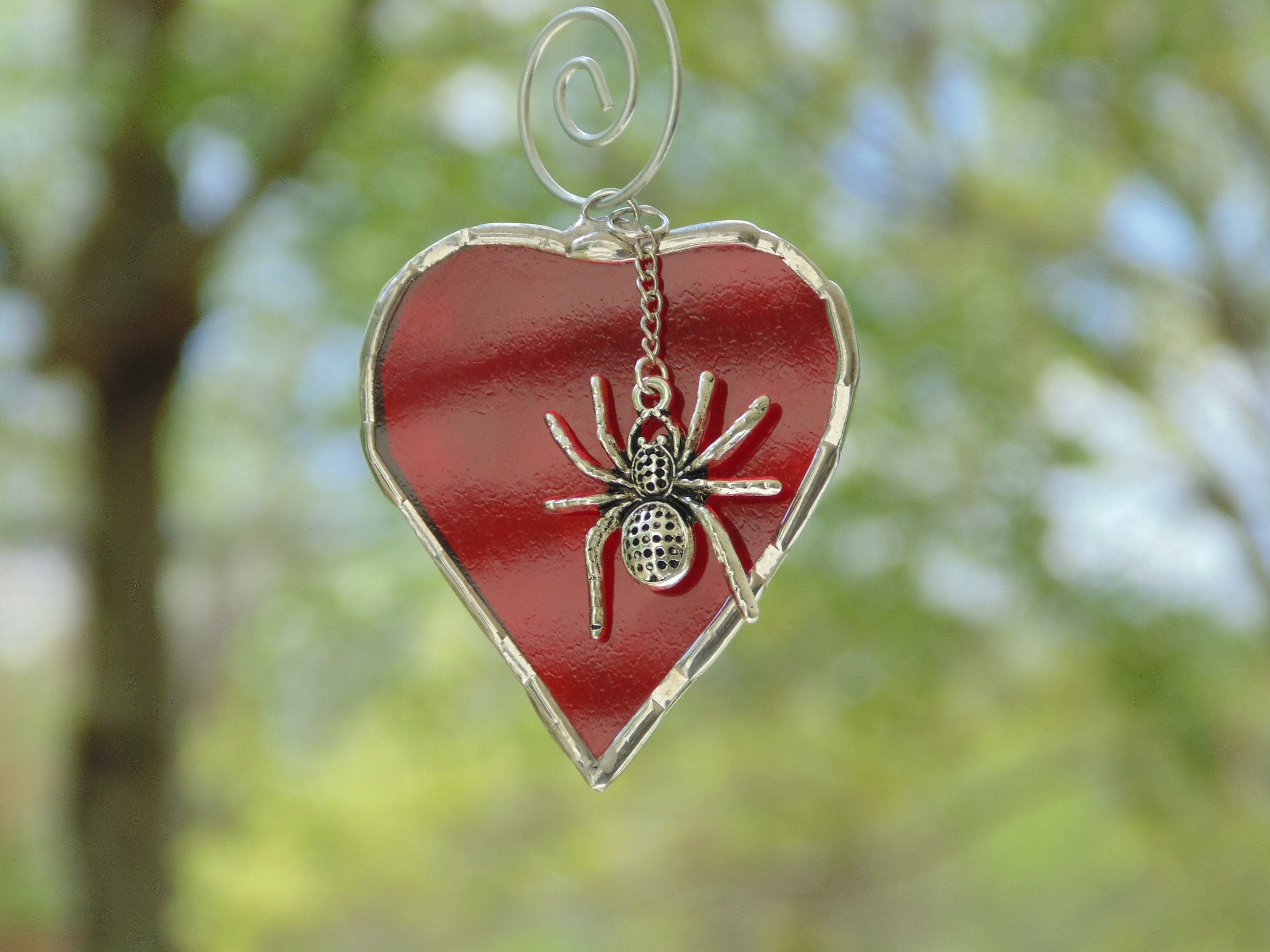 I Love Spiders Stained Glass Mini Red Heart Charm 
