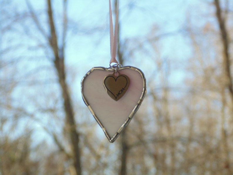 I Love Mom, pink stained glass suncatcher, mini heart ornament, Mom birthday gift image 4