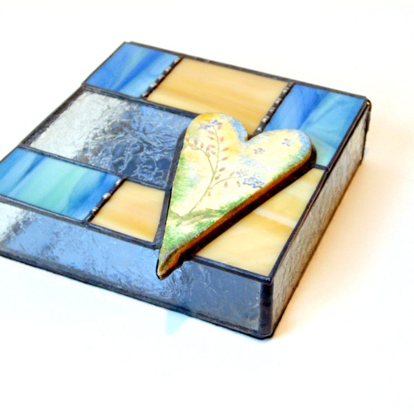 Stained glass jewelry box  blue yellow heart gift for her keepsake home decor storage Mothers day, design stained glass