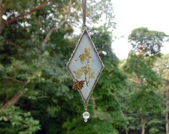 Pressed flowers framed in stained glass, nature gift for her