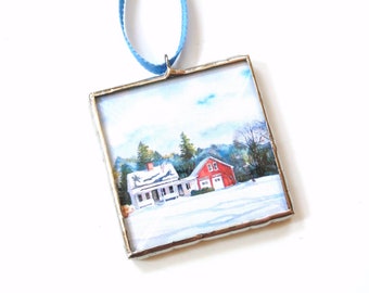 Winter scene watercolor print ornament, stained glass photo ornament, small space art