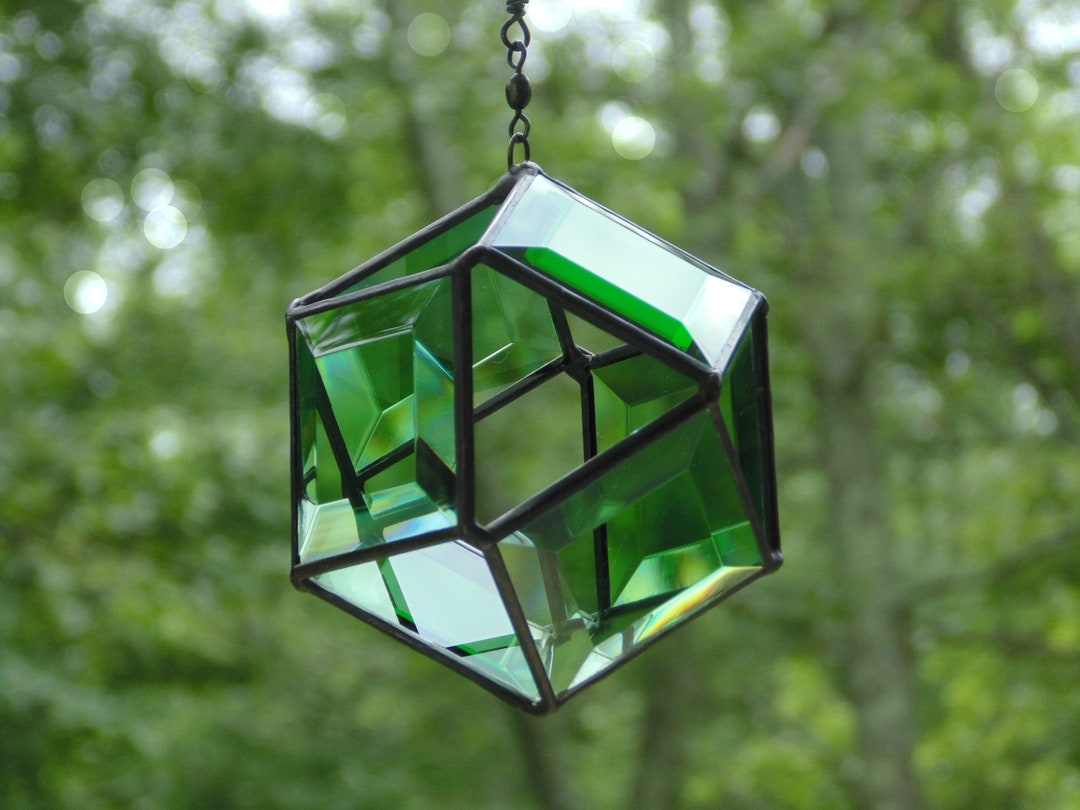 3D Stained Glass Spinner Suncatcher, Green Bevel Prism, Geometric Orb