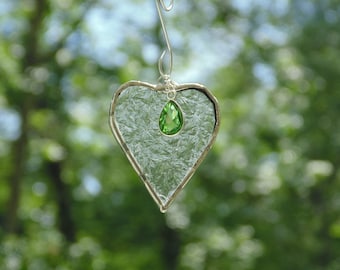 August birthstone Peridot ornament, stained glass heart suncatcher birthday gift