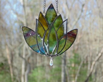 Stained glass layered lotus flower, genuine suncatcher with hanging crystal