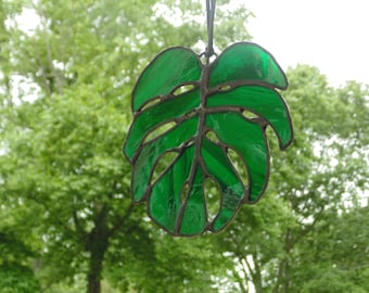Monstera leaf stained glass large leaf window art, green tropical palm leaf home decor